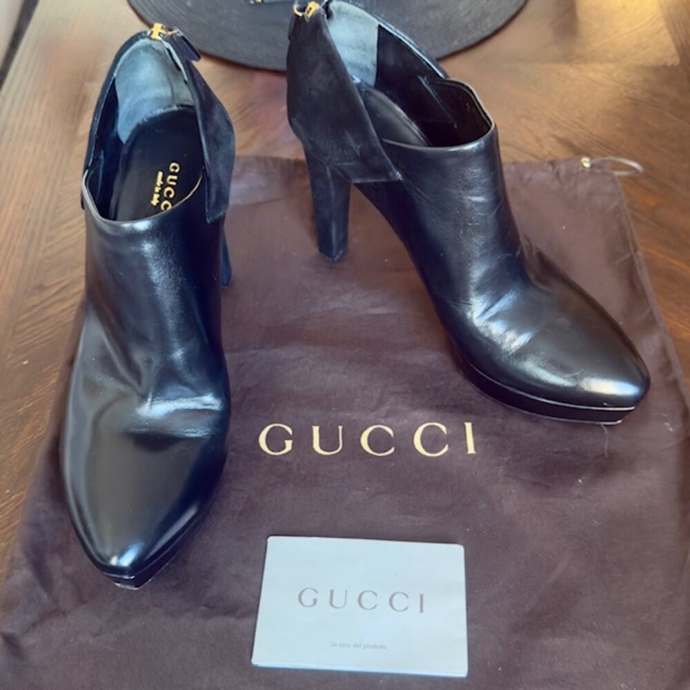 GUCCI Black Leather | Kid Scamosciato Ankle Boots | 38.5 | Made In Italy